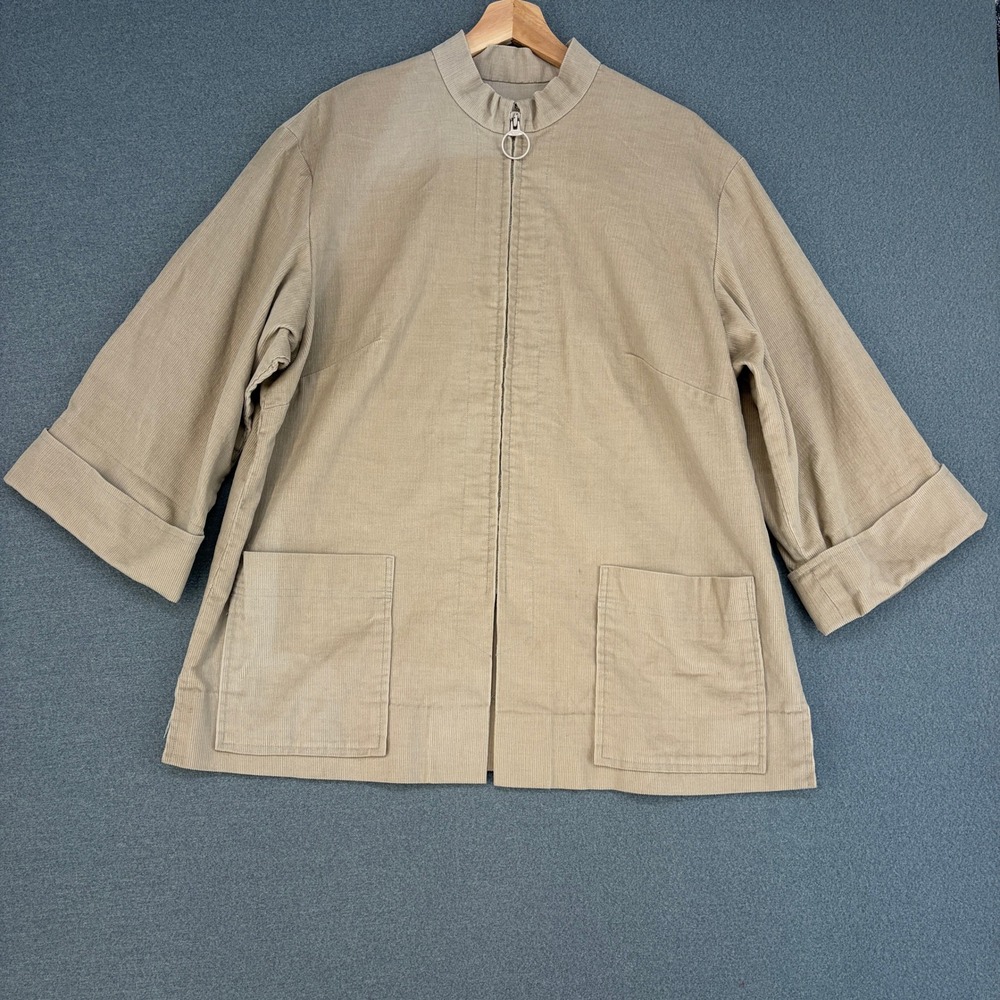 Vintage Beige Corduroy Zip Up Jacket O-Ring Pull Front Pockets Tan Large Chore